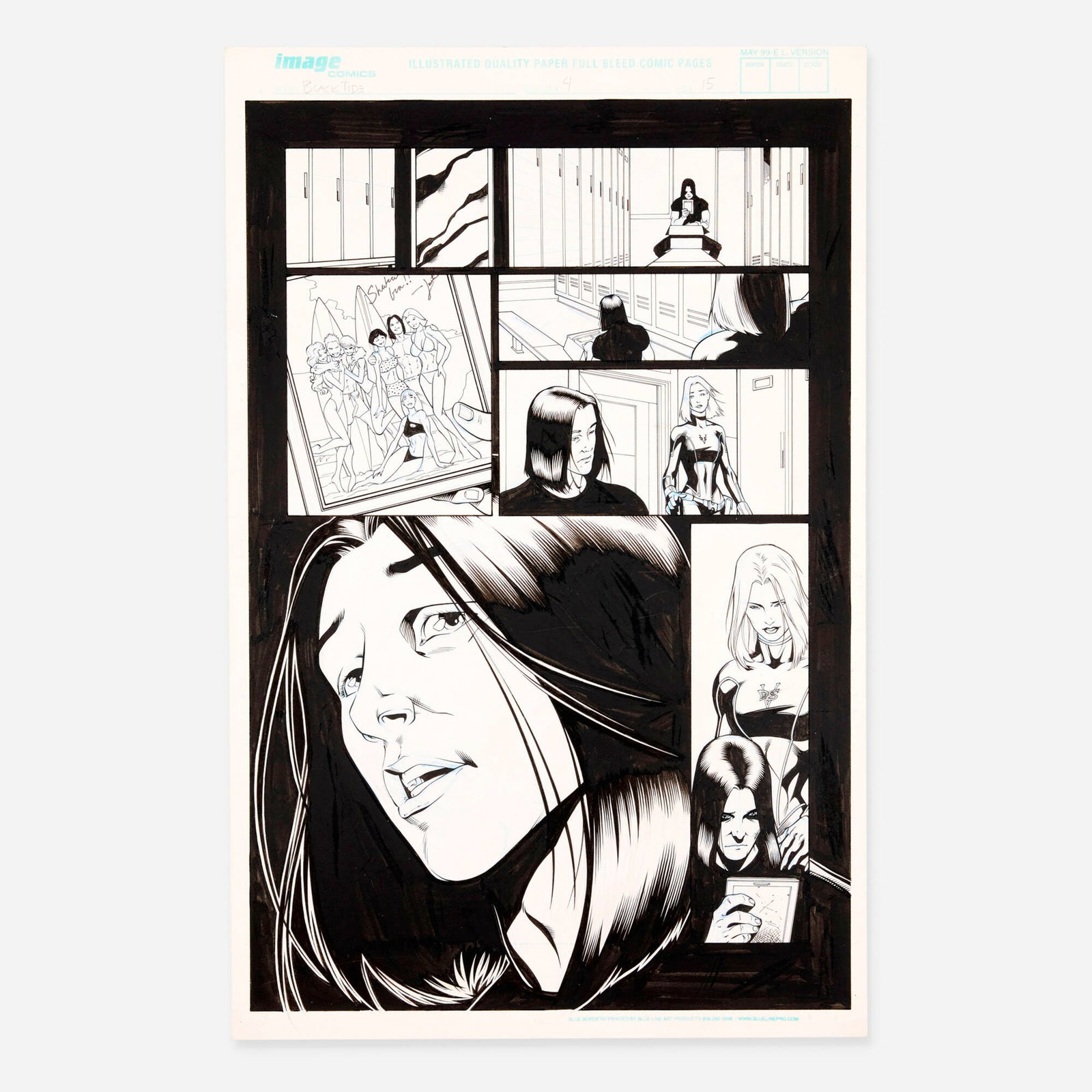 Mike S. Miller, Black Tide #4 Story Page 15 Original Art (Avatar Press, 2002): Mike S. Miller Black Tide #4 Story Page 15 Original Art (Avatar Press, 2002) pencil and ink on Bristol board 17 h x 11 w in (43 x 28 cm) This is a striking example of Miller's clean, polished sto