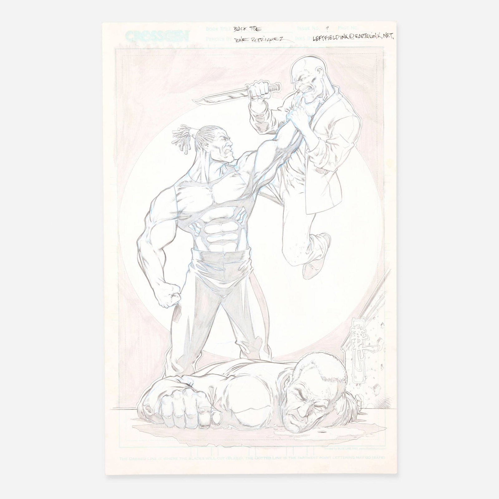 Tone Rodriguez, Black Tide #9 Cover Original Art (Avatar/Angel Gate, 2002): Tone Rodriguez Black Tide #9 Cover Original Art (Avatar/Angel Gate, 2002) colored pencil on Bristol board 17 h x 11 w in (43 x 28 cm) Rodriguez's cover art is a strong example of his bold, animated