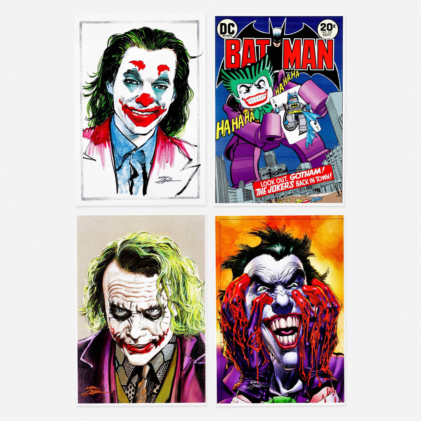 Neal Adams, Group of 4 Signed Joker Prints: Neal Adams Group of 4 Signed Joker Prints print 19 h x 13 w in (48 x 33 cm) This signed set features striking renditions of the Clown Prince of Crime illustrated by legendary artist Neal Adams. The co