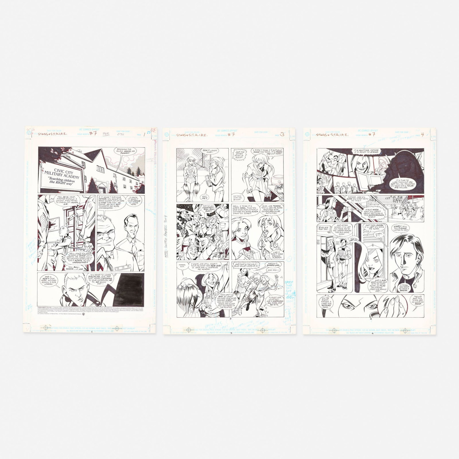 Lee Moder and Dan Davis, Stars & S.T.R.I.P.E. #7 Story Page 1, 3, and 4 Original Art: Lee Moder and Dan Davis Stars & S.T.R.I.P.E. #7 Story Page 1, 3, and 4 Original Art (DC Comics,2000) pencil and ink on Bristol board, word balloons inked directly on board 17 h x 11 w in (43 x 28 cm) 