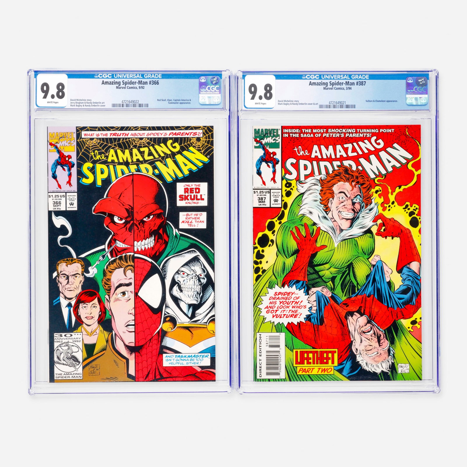2 Marvel Comics Amazing Spider-Man #366 and #387 CGC 9.8 Group: 2 Marvel Comics Amazing Spider-Man #366 and #387 CGC 9.8 Group USA, 1992, 1994 Marvel Comics Amazing Spider-Man #366 CGC 9.8 (9/92) CGC#: 4721649022 Population: 199 in 9.8, 1 higher