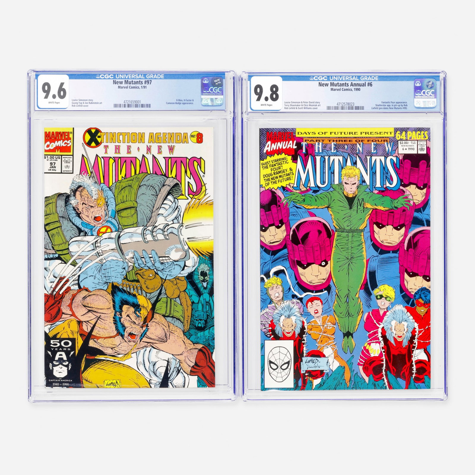 2 Marvel Comics New Mutants #97 and New Mutants Annual #6 CGC 9.8 Group: 2 Marvel Comics New Mutants #97 and New Mutants Annual #6 CGC 9.8 Group 1990-1991 Marvel Comics New Mutants #97 CGC 9.6 (1/91) CGC#: 4721659001 Population: 71 in 9.6, 175 higher Grader Notes