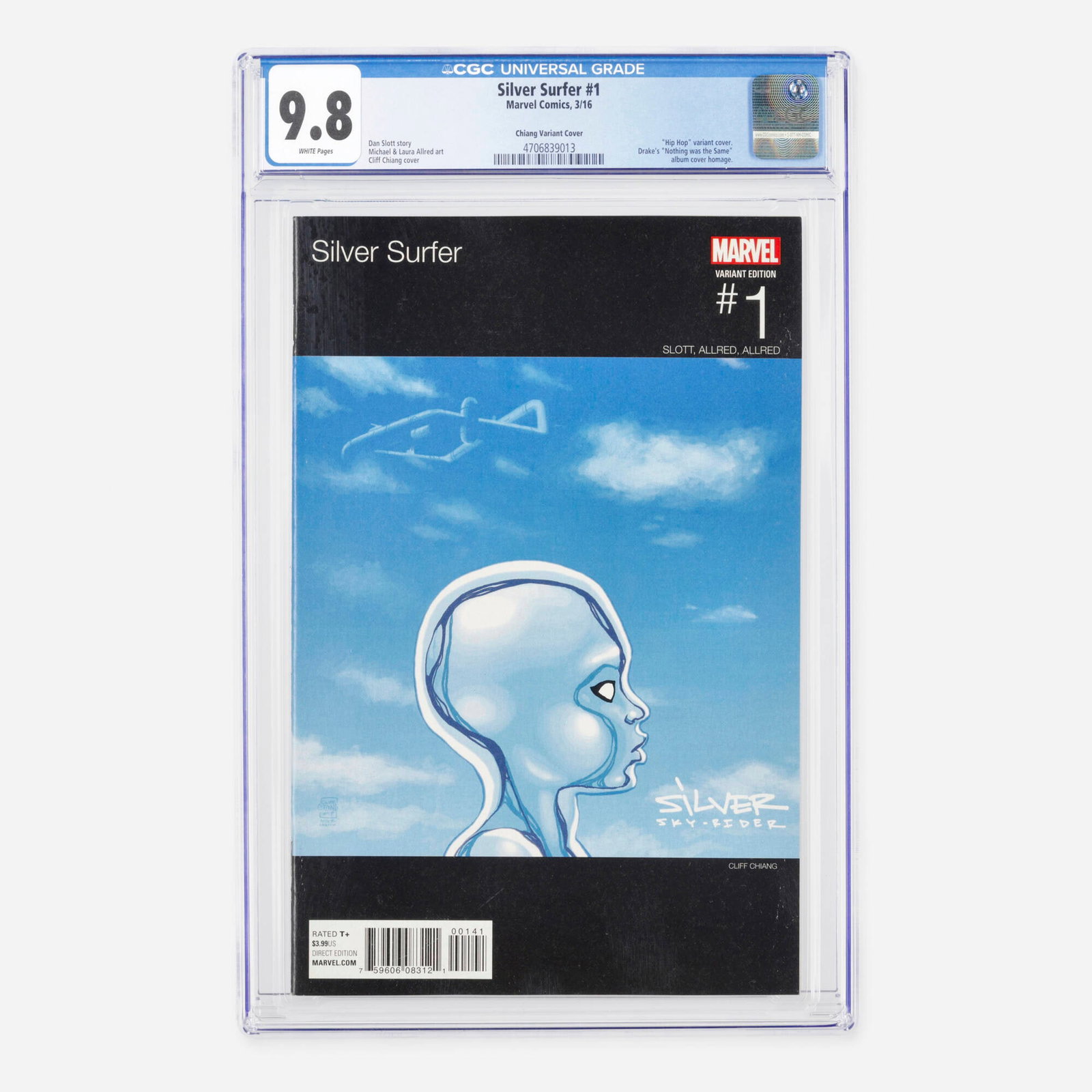 Marvel Comics Silver Surfer #1 CGC 9.8 Chiang Variant Cover: Marvel Comics Silver Surfer #1 CGC 9.8 Chiang Variant Cover USA, 2016 This Modern Age "Hip Hop" variant cover features a striking homage to Drake's Nothing Was the Same album cover, illustrated b