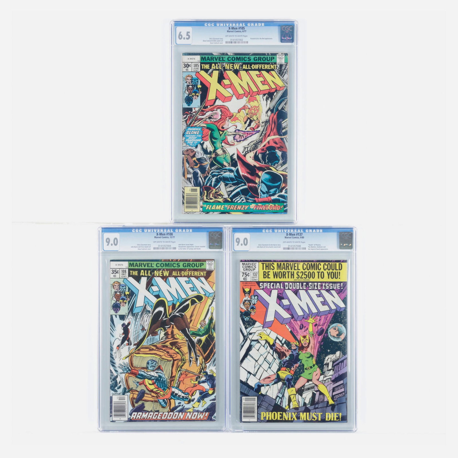 3 Marvel Comics X-Men #105, #108 and #137 CGC Group: 3 Marvel Comics X-Men #105, #108 and #137 CGC Group USA, 1977, 1980 Marvel Comics X-Men #105 CGC 6.5 (6/77) CGC#: 0141057002 Population: 48 in 6.5, 1839 higher