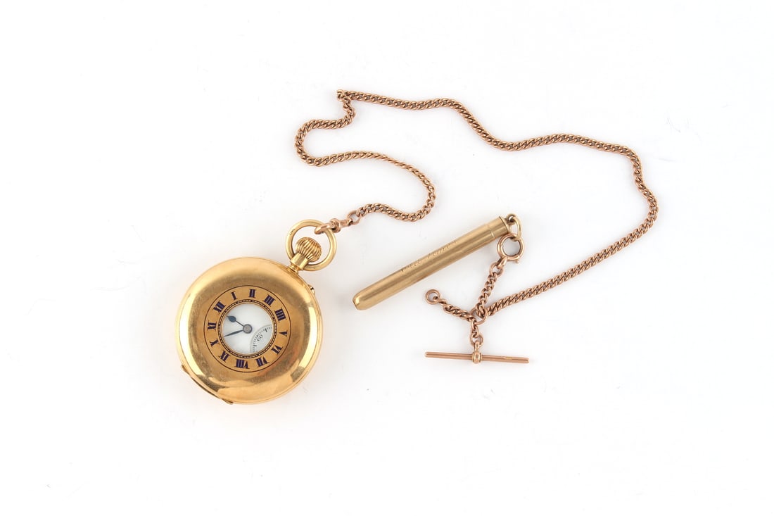 An 18ct gold half hunter pocket watch: Property of a gentleman - an 18ct gold half hunter pocket watch, keyless wind, the movement signed Sir John Bennett Ltd., 48mm diameter, approximately 95.9 grams, appears to be working but no guarante
