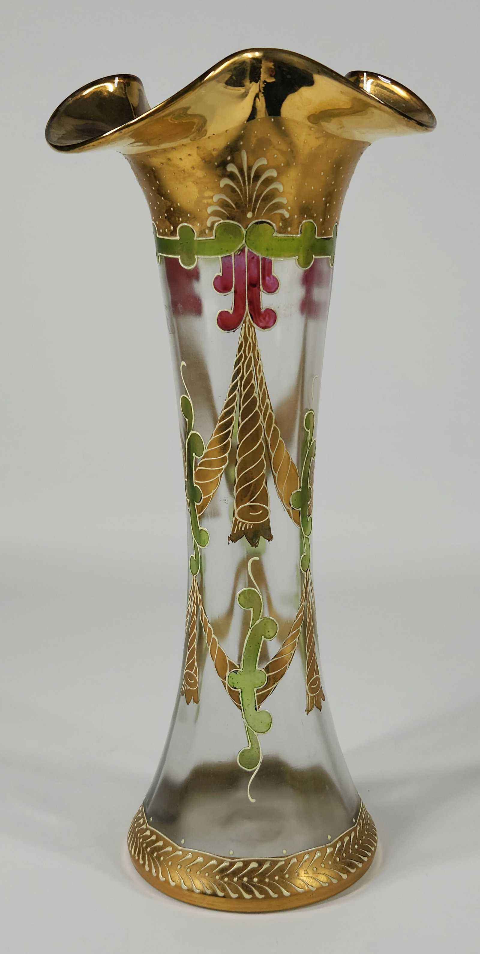 1920'S MOSER CLEAR GLASS VASE ENAMELED W/ GOLD DETAILS (1 of 6)