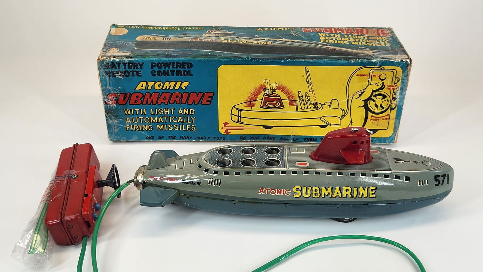 MARX TIN BATTERY OP REMOTE CONTROL ATOMIC SUBMARINE W/ BOX (1 of 4)