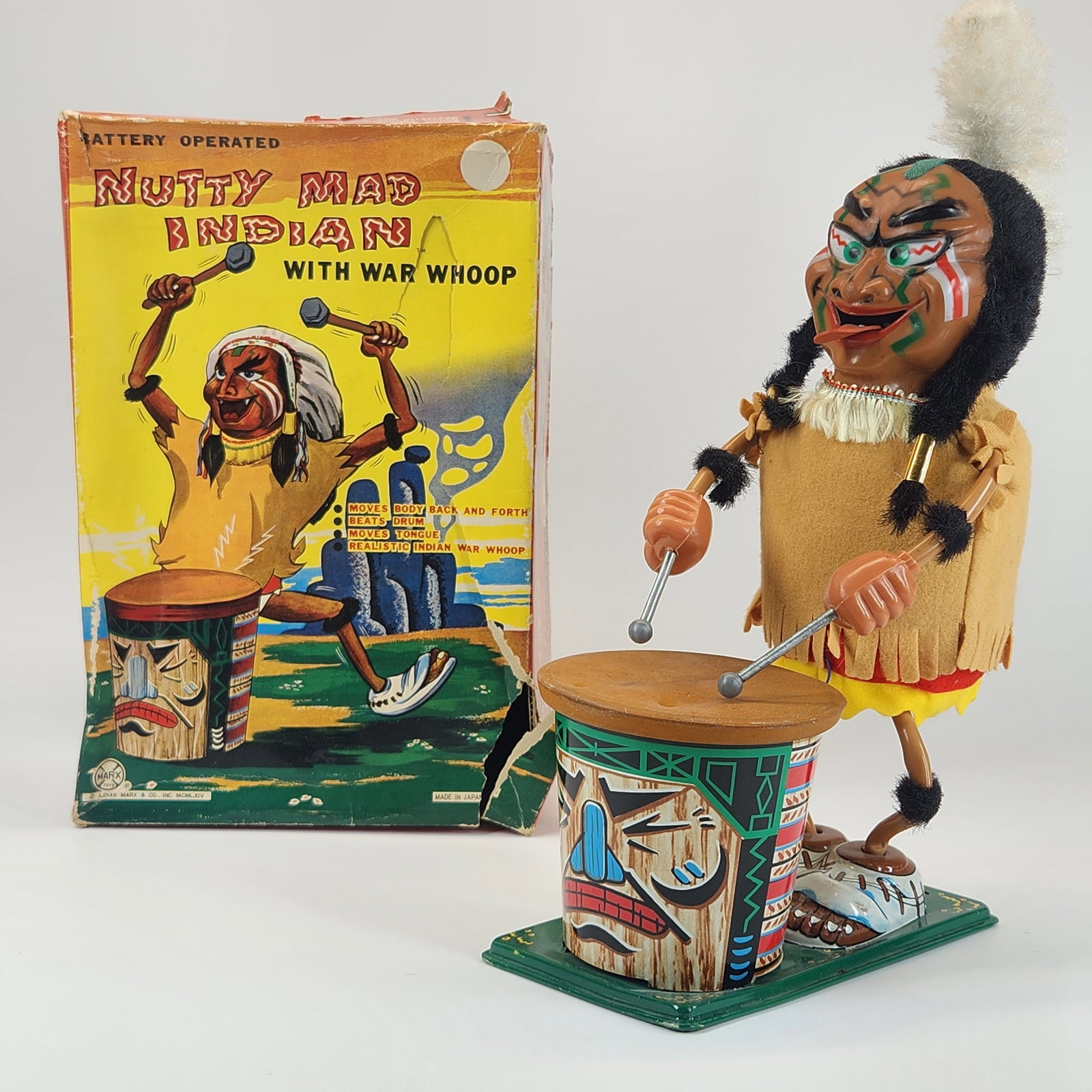 MARX TIN BATTERY OP NUTTY MAD INDIAN W/ BOX: TOY REMAINS IN VERY GOOD CLEAN CONDITION, SHOWING SOME TYPICAL WEAR. UNTESTED. BOX SHOWING WEAR WITH TEARS THROUGHOUT.
