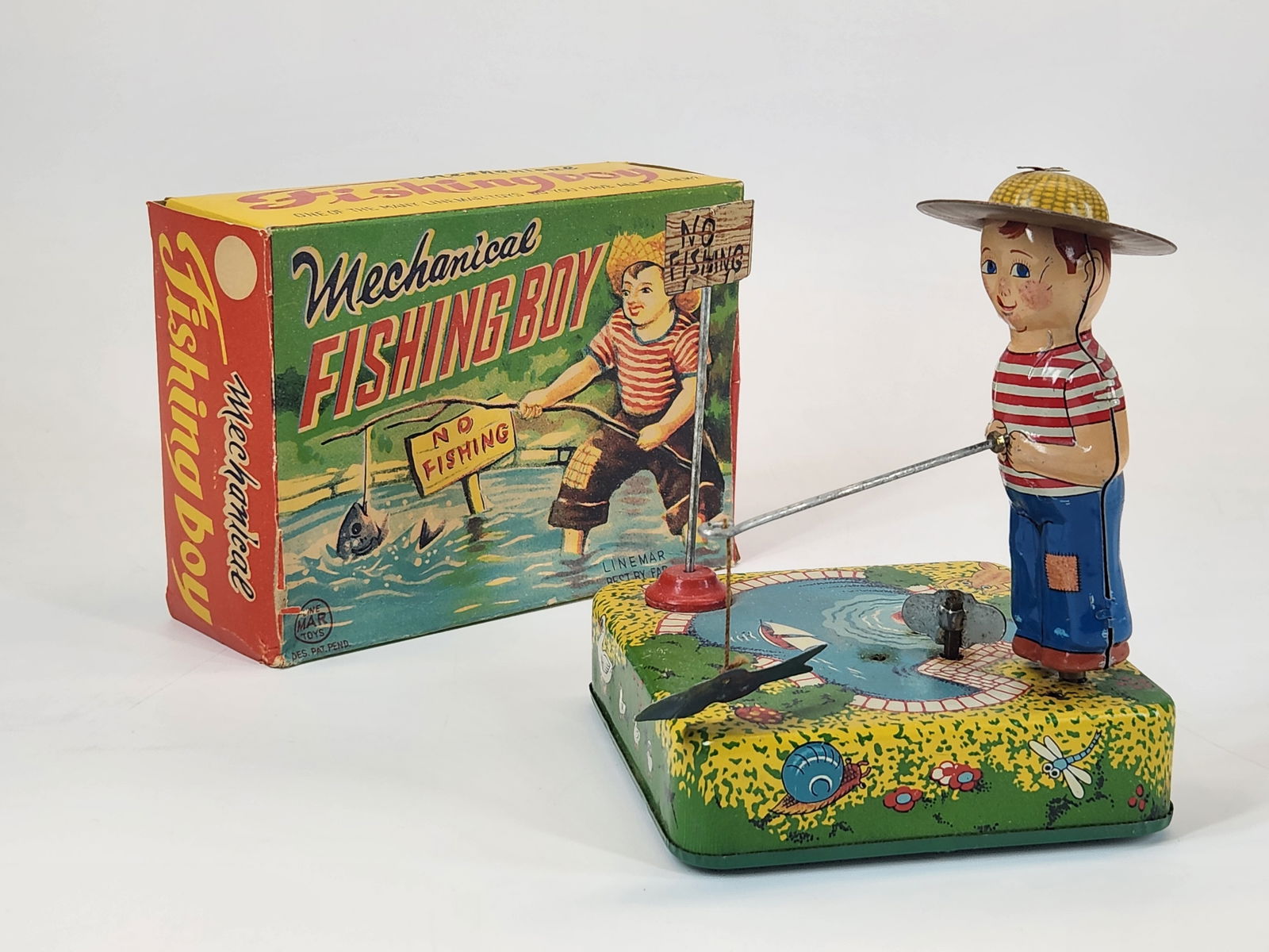 LINE MAR TIN WIND UP FISHING BOY W/ BOX (1 of 4)
