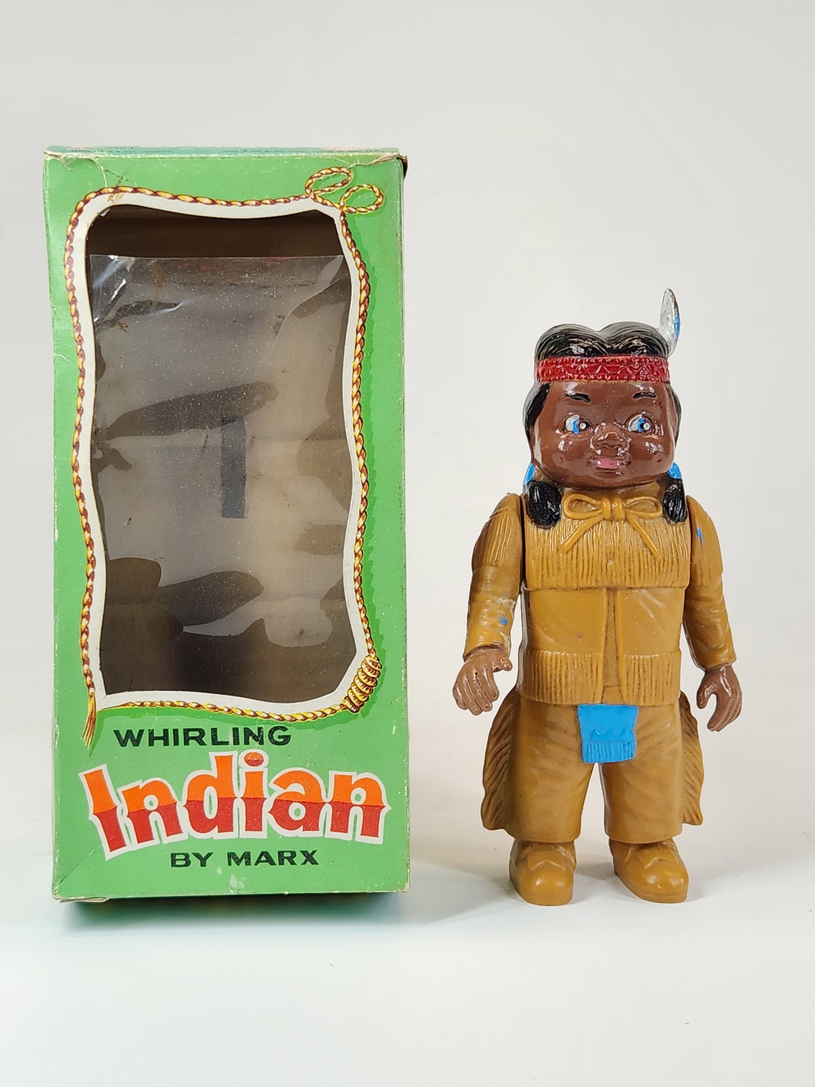 MARX PLASTIC WIND UP WALKING INDIAN W/ BOX: REMAINS IN GOOD WORKING CONDITION WITH BOX. BOX SHOWING SOME WEAR WITH COLOR FADING.