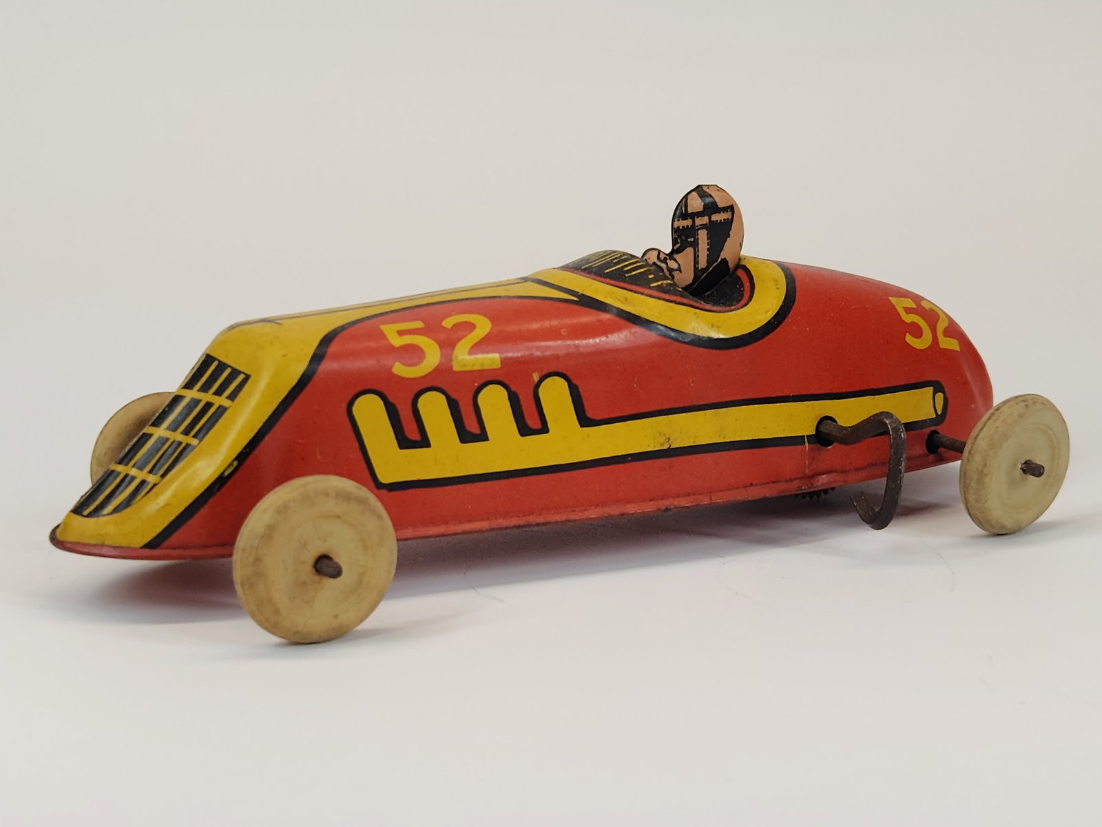 J. CHEIN TIN LITHO WIND UP RACE CAR: REMAINS IN GOOD CONDITION, SHOWING SOME TYPICAL WEAR.