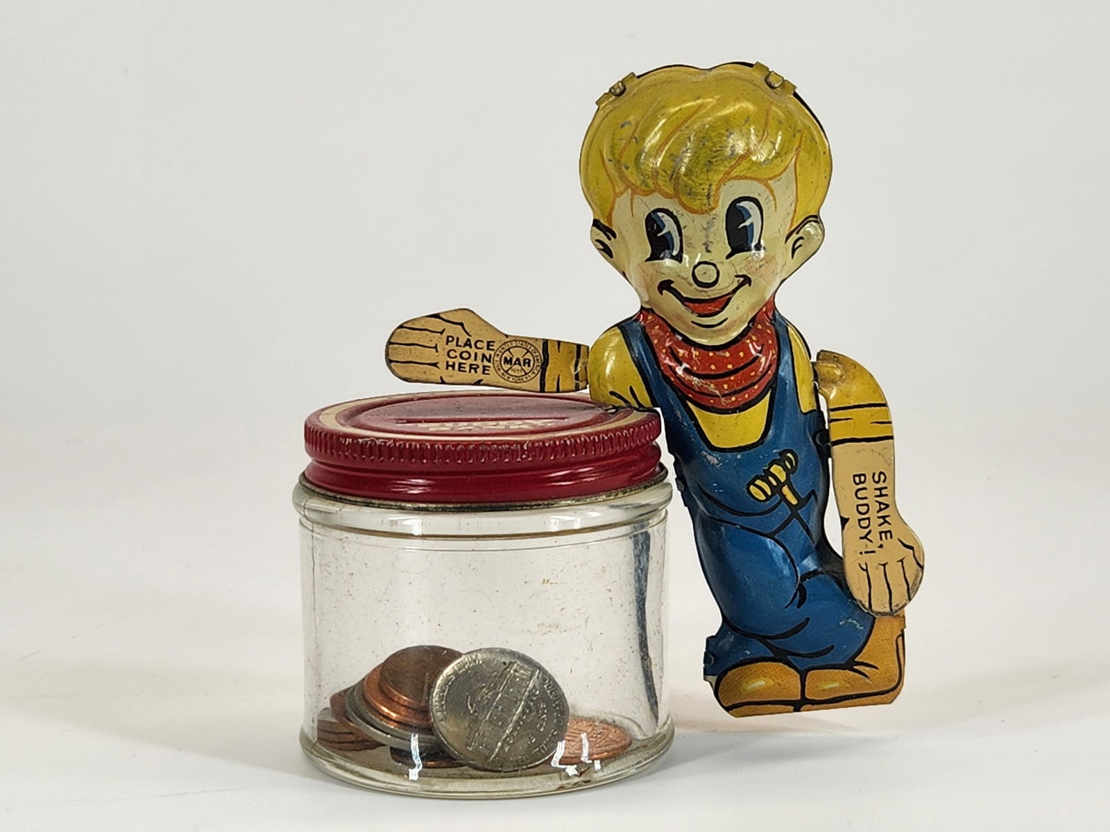 MARX TIN LITHO BUDDY BANK W/ JAR: REMAINS IN GOOD CLEAN CONDITION.