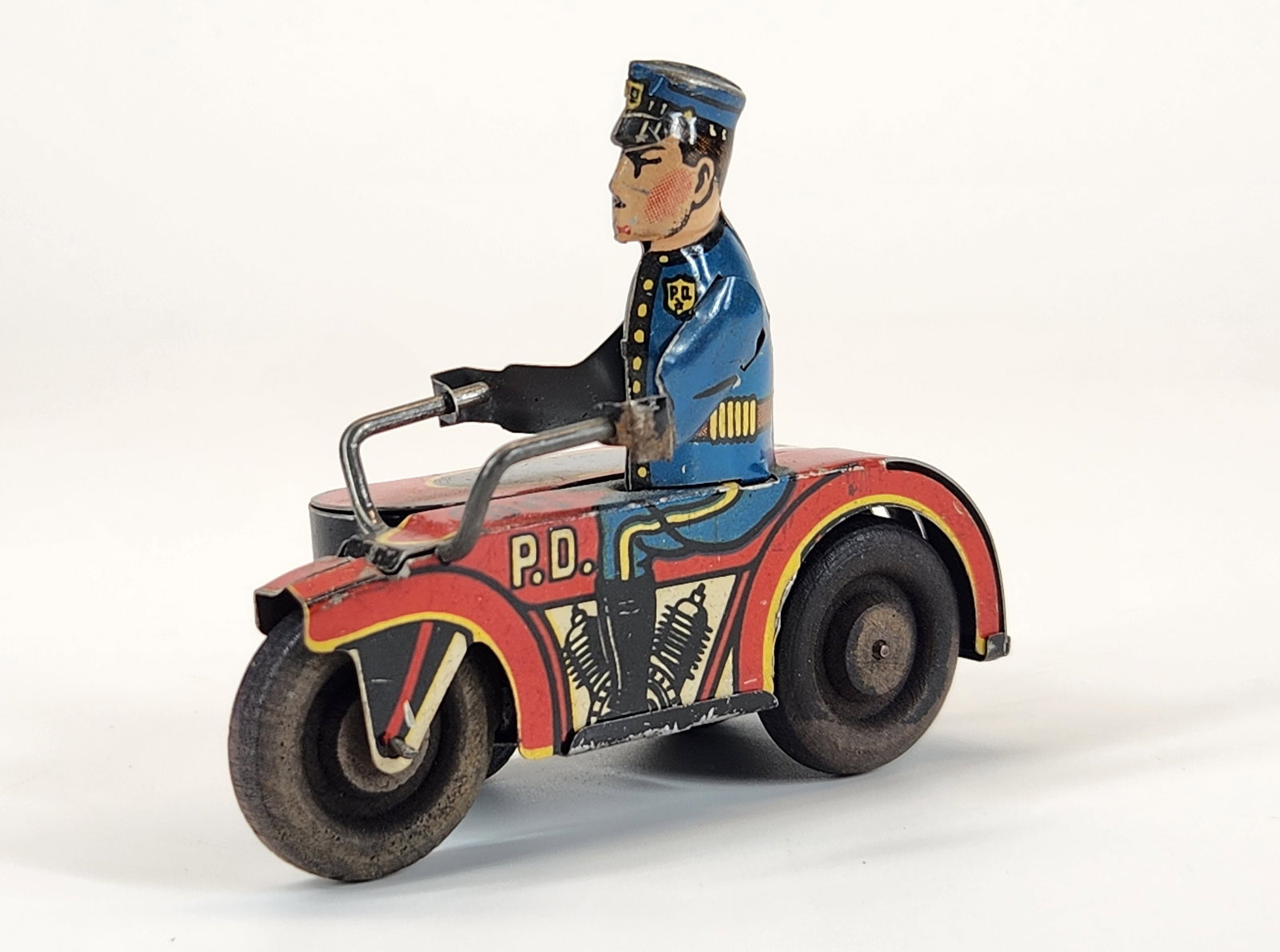 SMALL MARX TIN WIND UP POLICE MOTORCYCLE W/ SIDECAR (1 of 4)