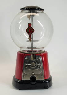 PORCELAIN 1 CENT GUMBALL MACHINE: REMAINS IN GOOD RESTORED CONDITION. APPROXIMATELY 14" TALL