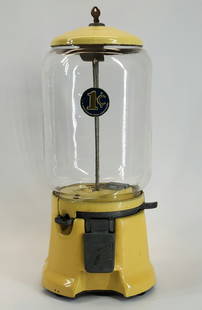 PORCELAIN NORTHWESTERN 1 CENT PEANUT MACHINE: REMAINS IN GOOD ORIGINAL CONDITION WITH KEY. STANDS APPROXIMATELY 15" TALL