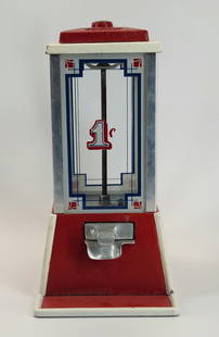 RESTORED ART DECO DEAN 1 CENT PEANUT MACHINE: REMAINS IN VERY GOOD RESTORED CONDITION. STANDS APPROXIMATELY 13" TALL
