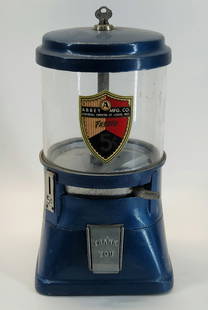 ABBEY MFG. CO. 5 CENT VENDING MACHINE: REMAINS IN FAIR TO GOOD WORKING CONDITION. THE BLUE HAS BEEN REPAINTED. STANDS APPROXIMATELY 12 INCHES TALL