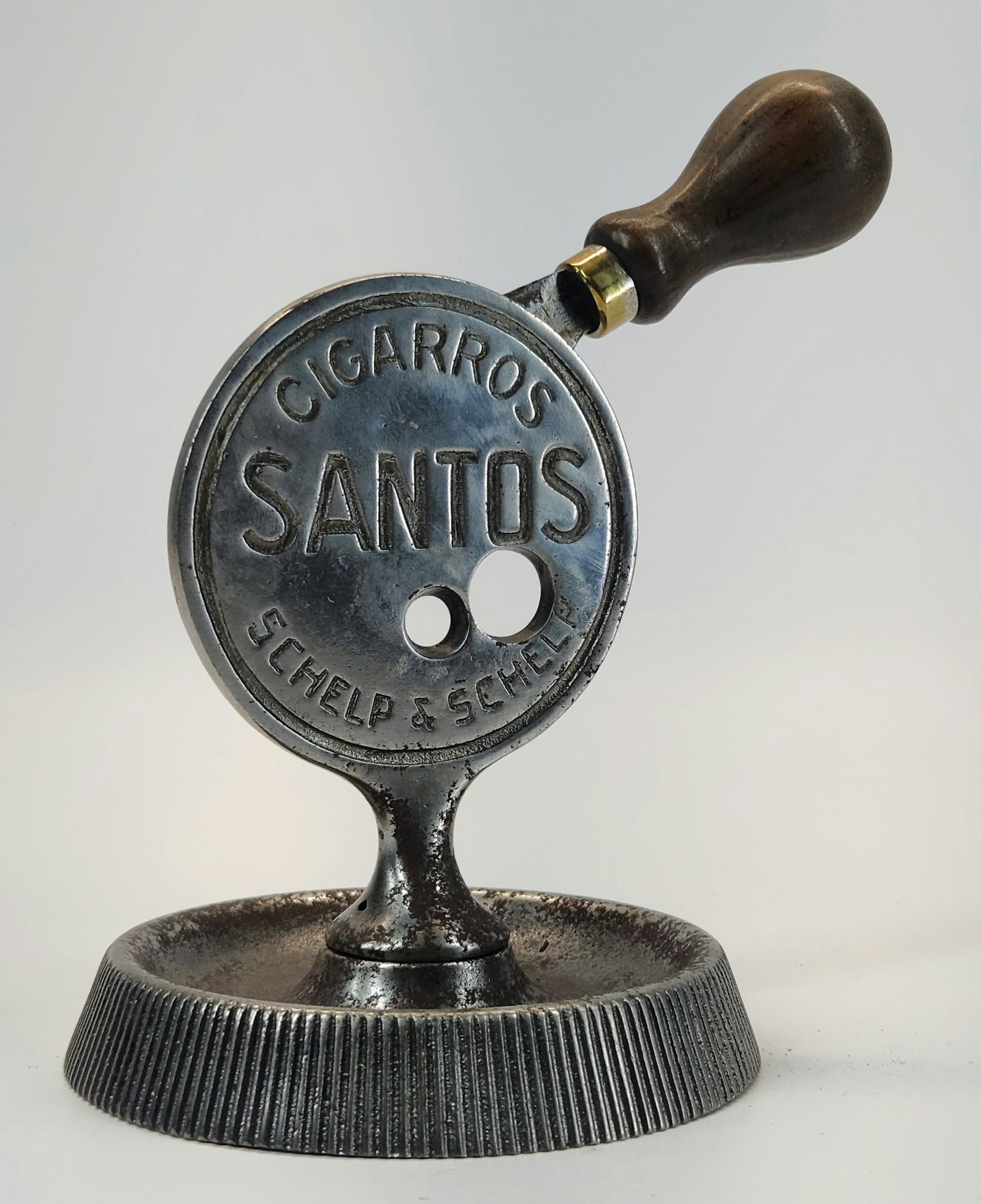 BRUNHOFF CO. SANTOS TABLE TOP CIGAR CUTTER: REMAINS IN GOOD CONDITION, SHOWING TYPICAL USAGE WEAR. APPEARS TO HAVE BEEN POLISHED. WORKS.