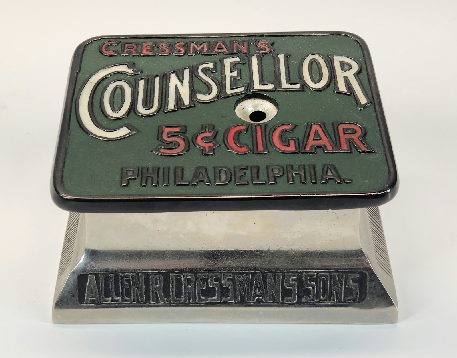 CRESSMAN'S COUNSELLOR PHILADELPHIA PA CIGAR CUTTER: REMAINS IN GOOD CONDITION, SHOWING PAINT TOUCH UPS. WORKING.