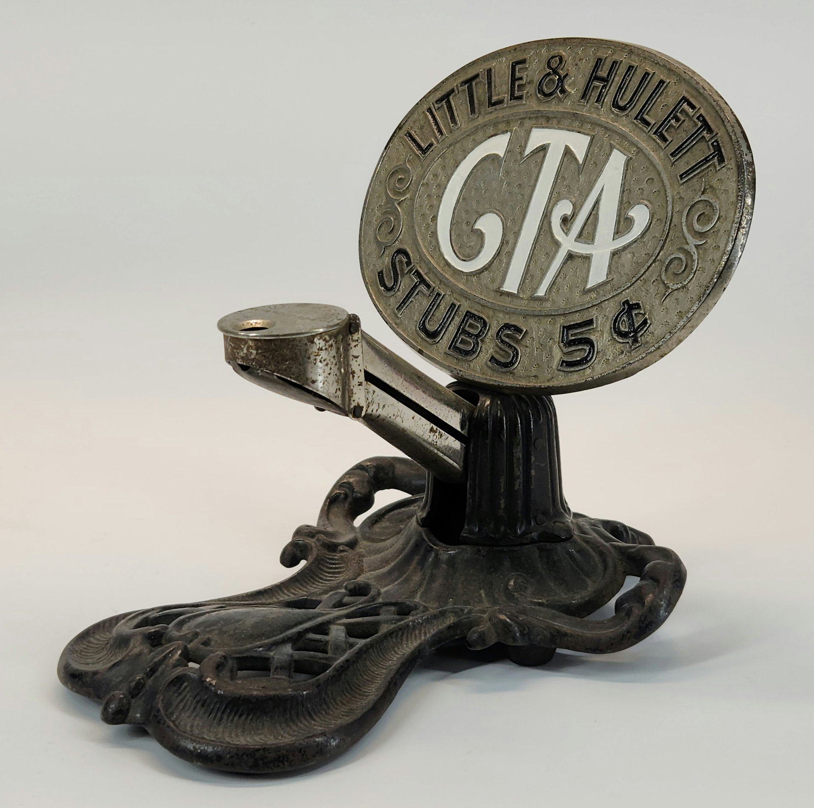 LITTLE & HULETT STUBS TABLE TOP CIGAR CUTTER: REMAINS IN GOOD WORKING CONDITION, SHOWING SOME TYPICAL WEAR CONSISTENT WITH AGE.