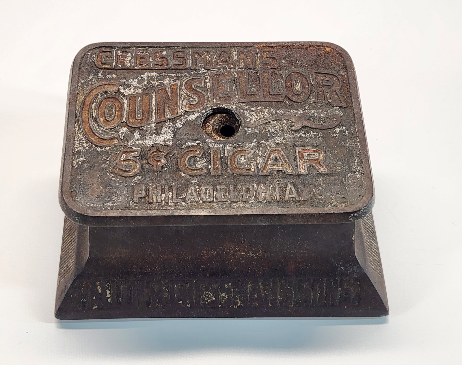 CRESSMAN'S COUNSELLOR PHILADELPHIA CIGAR CUTTER: REMAINS IN GOOD CONDITION, SHOWING SOME TYPICAL WEAR. WIND UP MECHANISM WORKS WELL.