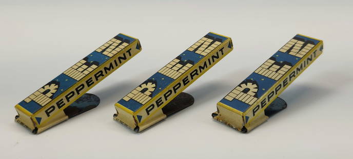 3) VINTAGE PEZ DISPENSER ADVERTISING CLICKERS: ALL REMAIN IN GOOD CLEAN CONDITION.