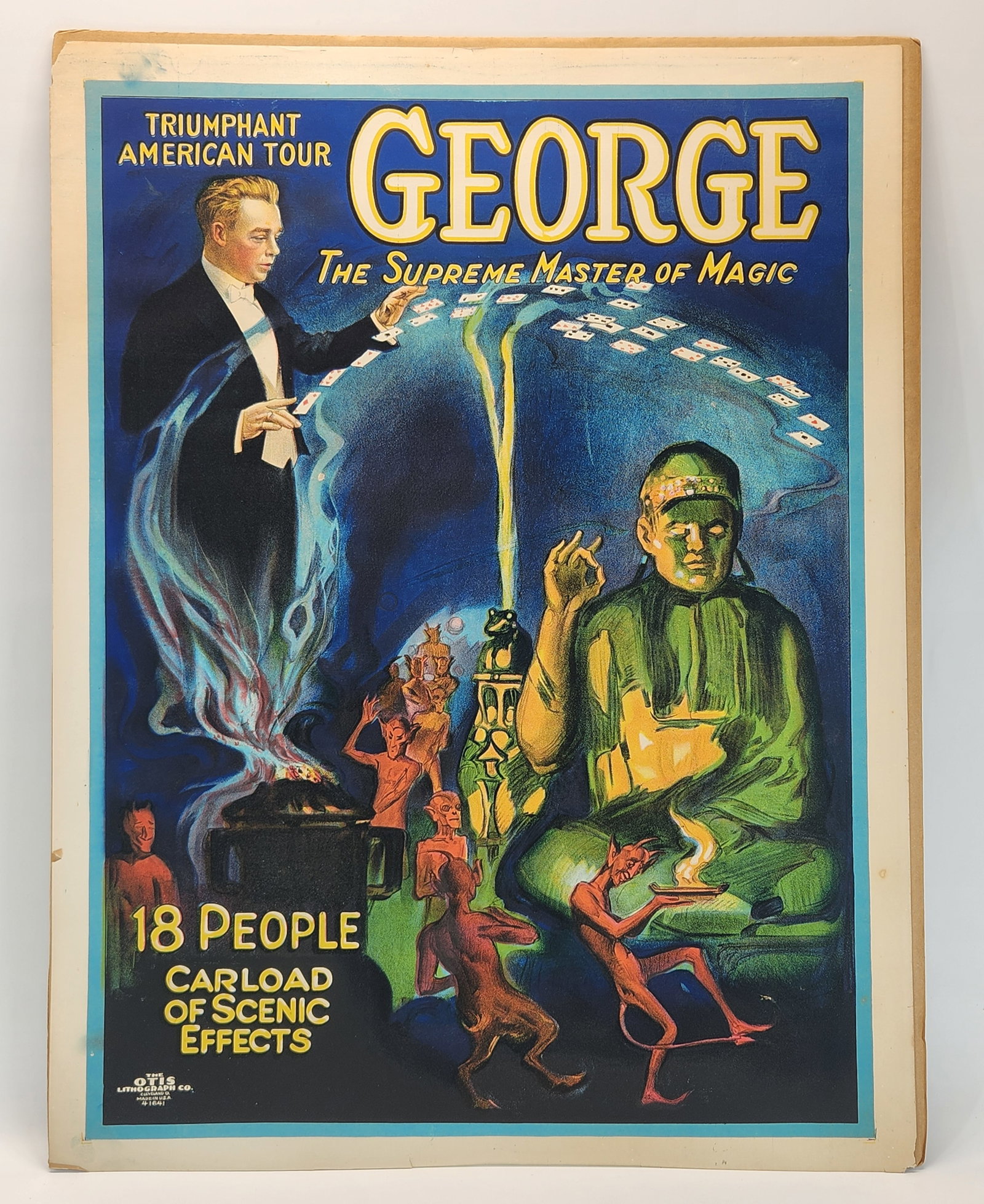 ORIGINAL GEORGE MASTER OF MAGIC POSTER: REMAINS IN GOOD CONDITION, SHOWING SOME TYPICAL WEAR MOSTLY ALONG THE EDGES. MEASURES APPROXIMATELY 27" BY 20".