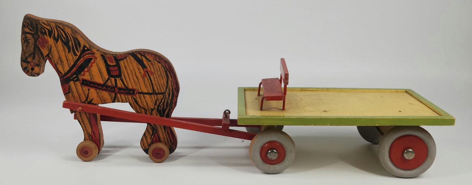 WOOD PAINTED HORSE DRAWN FARM TRAILER: REMAINS IN GOOD CONDITION, SHOWING SOME TYPICAL USAGE WEAR. MEASURES APPROXIMATELY 24" LONG.