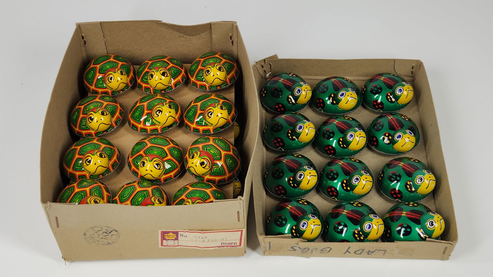 36) MAPLE BRAND TIN FRICTION LADYBUGS W/ BOX: ALL REMAIN IN EXCELLENT VERY CLEAN CONDITION. MEASURES APPROXIMATELY 2 INCHES LONG.