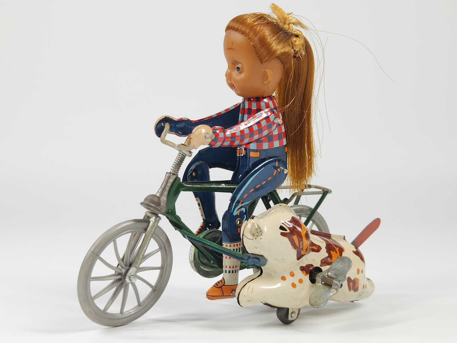 JAPAN TIN WIND UP GIRL ON MOTORCYCLE W/ DOG: REMAINS IN GOOD CLEAN CONDITION. WIND UP MECHANISM WORKS. MEASURES APPROXIMATELY 5" ACROSS.