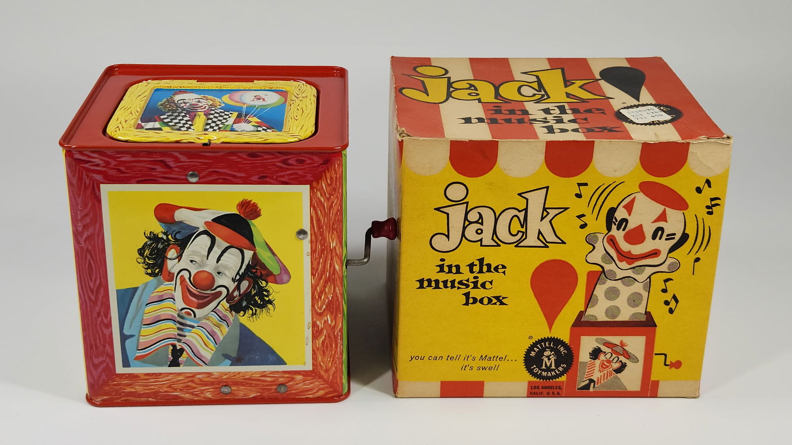 MATTEL JACK IN THE MUSIC BOX W/ BOX: REMAINS IN VERY GOOD CONDITION. WIND UP DOES NOT WORK. BOX REMAINS NICE.