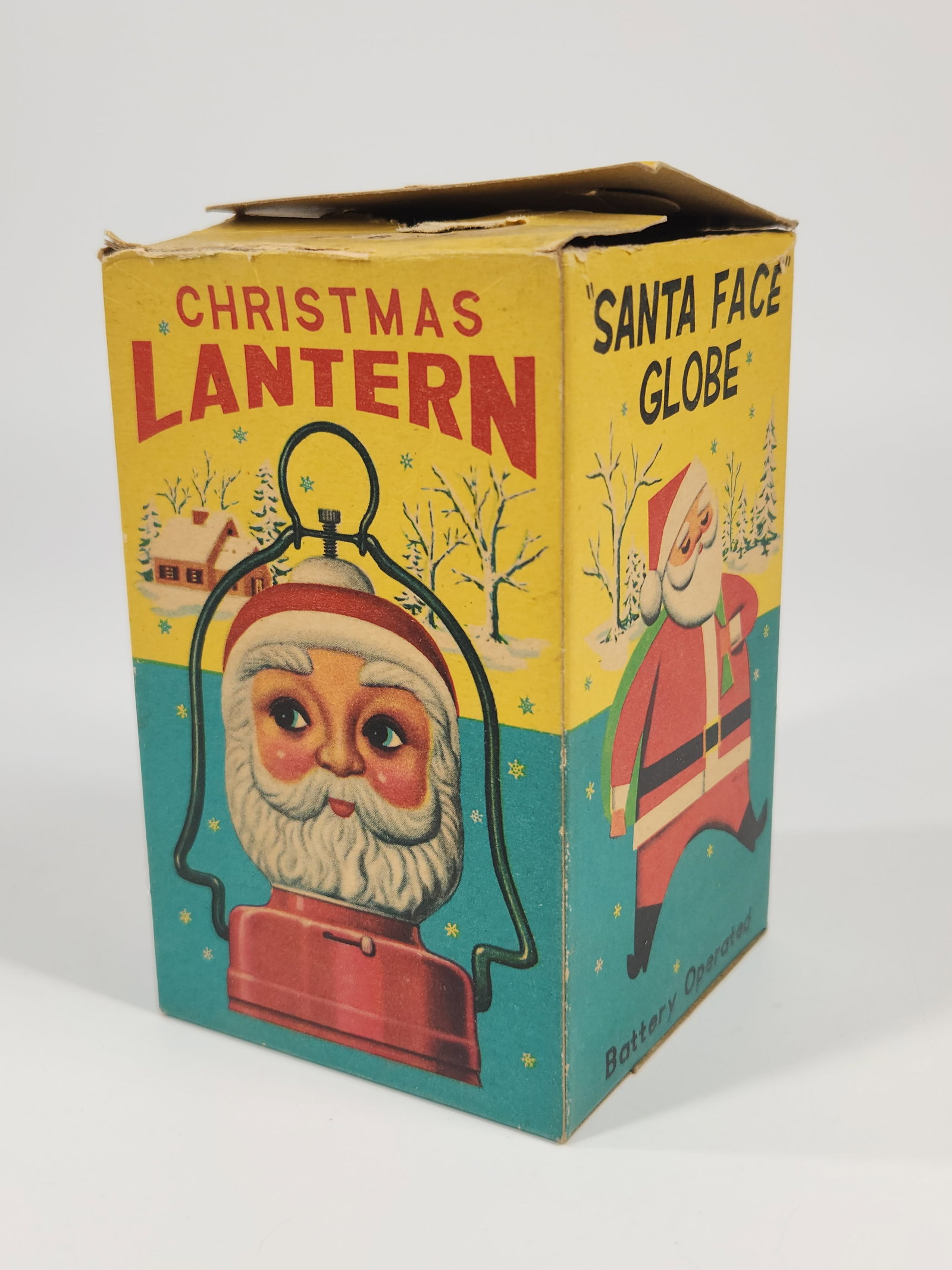 EMPTY BATTERY OP SANTA FACE GLOBE BOX: EMPTY BOX ONLY REMAINS IN GOOD CONDITION, SHOWING SOME TYPICAL WEAR.