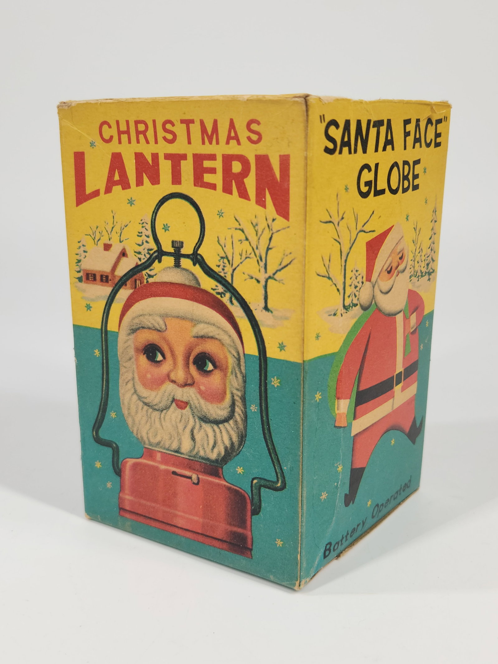EMPTY BATTERY OP SANTA FACE GLOBE BOX: EMPTY BOX ONLY REMAINS IN GOOD CONDITION, MISSING TOP FLAP.