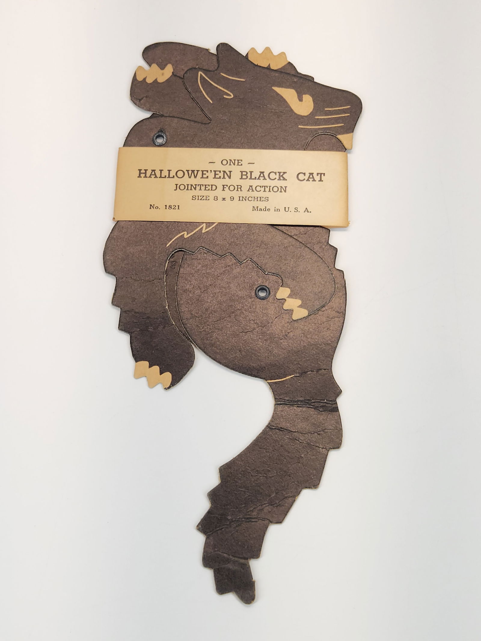 JOINTED HALLOWEEN BLACK CAT DECORATION: REMAINS IN UNUSED CONDITION WITH ORIGINAL COMPANY BAND STRAP. MEASURES 9"