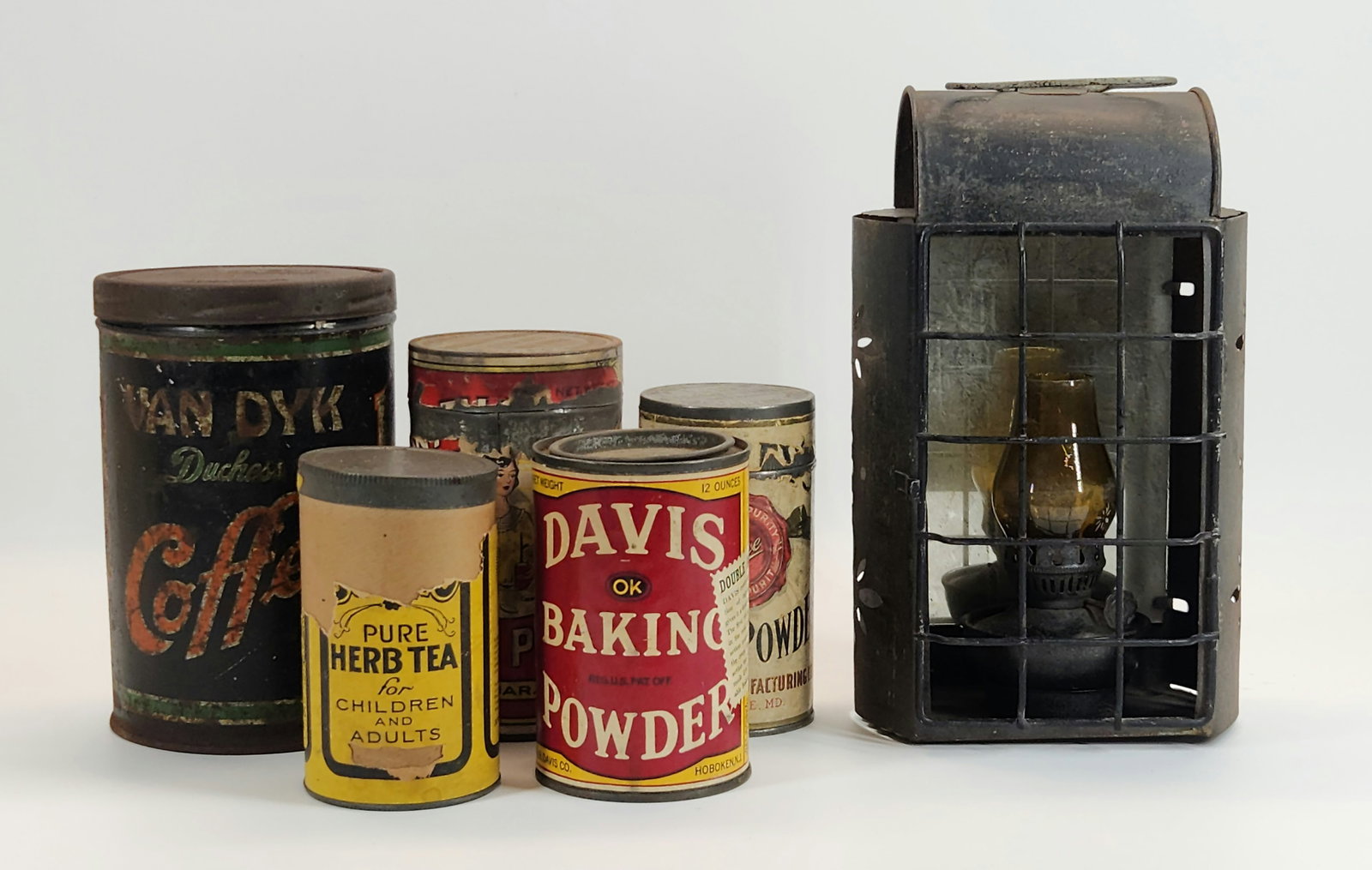ASSORTED LOT OF ADVERTISING TINS & LANTERN: ALL REMAIN IN GOOD USED CONDITION, SHOWING SOME WEAR. LANTERN IS CONTEMPORARY.