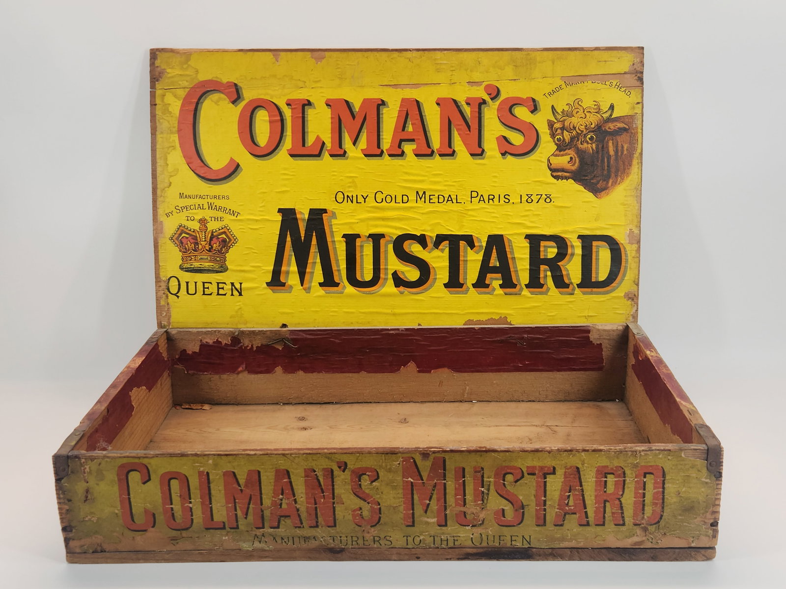 COLMAN'S MUSTARD ADVERTISING WOOD BOX: REMAINS IN GOOD CONDITION, SHOWING SOME TYPICAL WEAR. ORIGINAL LABELS INCLUDED. MEASURES APPROXIMATELY 18.5" ACROSS.