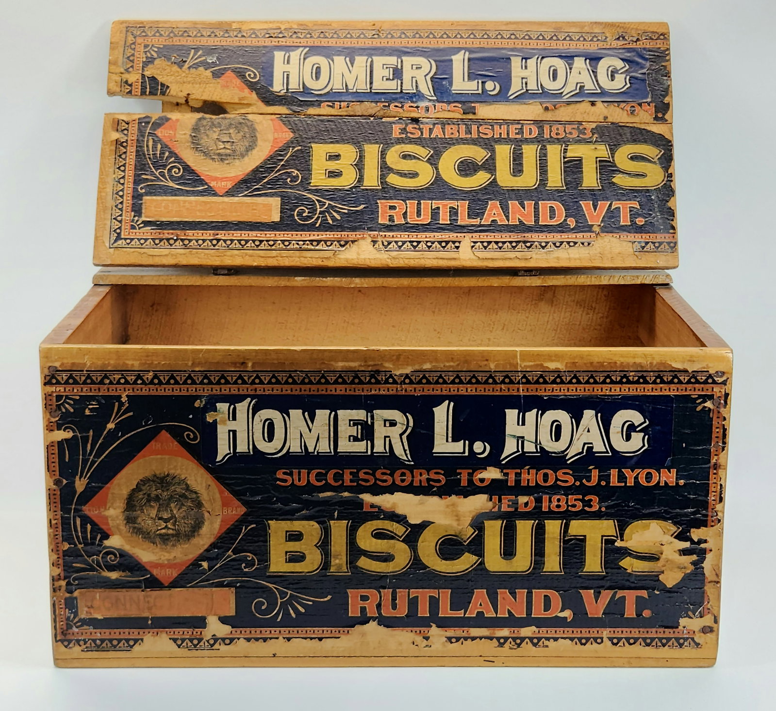 HOMER L. HOAD ADVERTISING BISCUIT BOX: REMAINS IN GOOD CONDITION, SHOWING SOME TYPICAL WEAR. ORIGINAL LABELS INCLUDED, SHOWING SOME WEAR. MEASURES APPROXIMATELY 22" ACROSS.