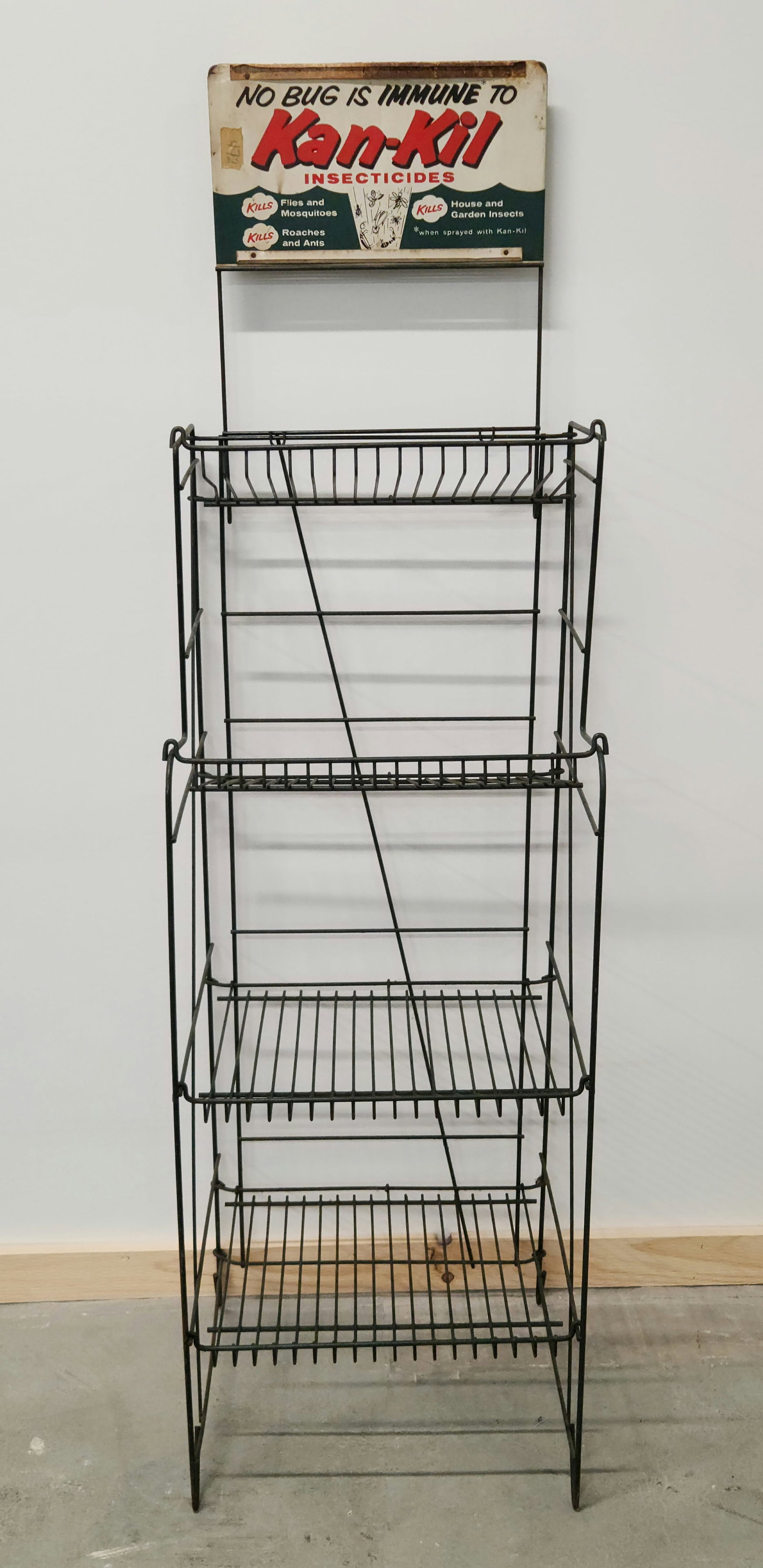 KAN-KIL INSECTICIDES STORE DISPLAY RACK: REMAINS IN FAIR TO GOOD USED CONDITION, SHOWING SOME TYPICAL WEAR. MEASURES APPROXIMATELY 65" LONG.