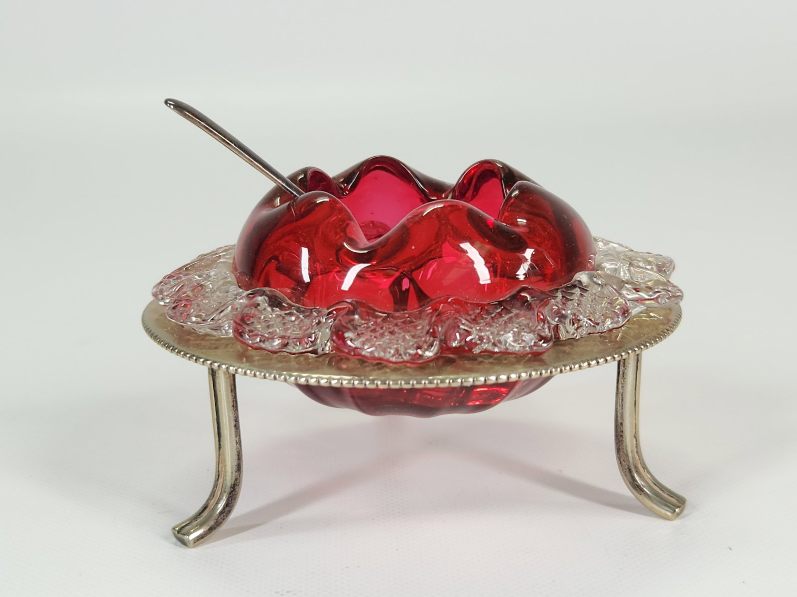 ANTIQUE CRANBERRY ART GLASS SALT W/ HOLDER: REMAINS IN VERY GOOD CONDITION, SHOWING SOME TYPICAL WEAR. NO CHIPS OR CRACKS.