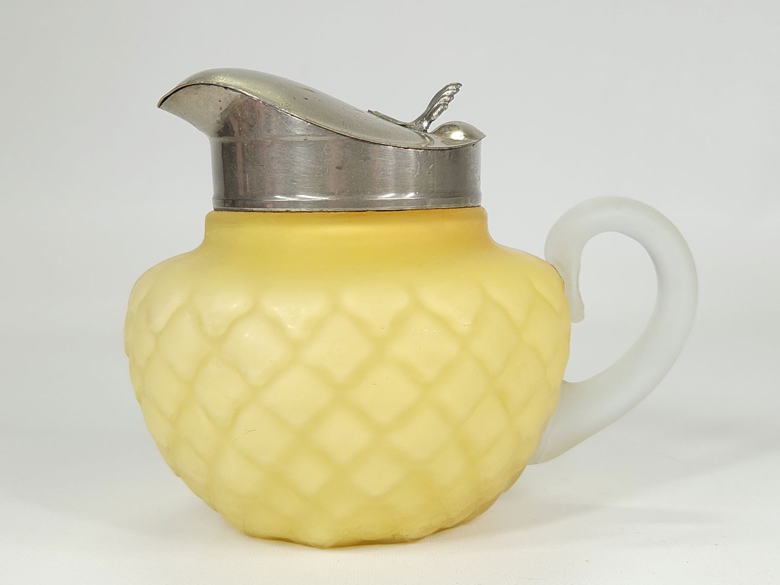 VICTORIAN LEMON YELLOW SATIN CONE SYRUP: REMAINS IN VERY GOOD CONDITION, SHOWING SOME TYPICAL WEAR. NO CHIPS OR CRACKS.