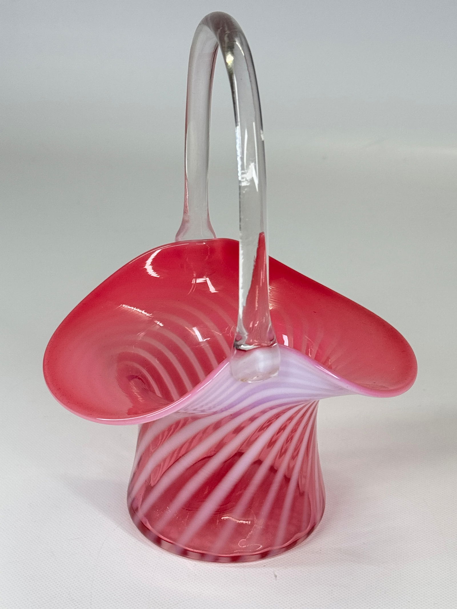 FENTON CRANBERRY OPALESCENT SPIRAL OPTIC BASKET (1 of 4)