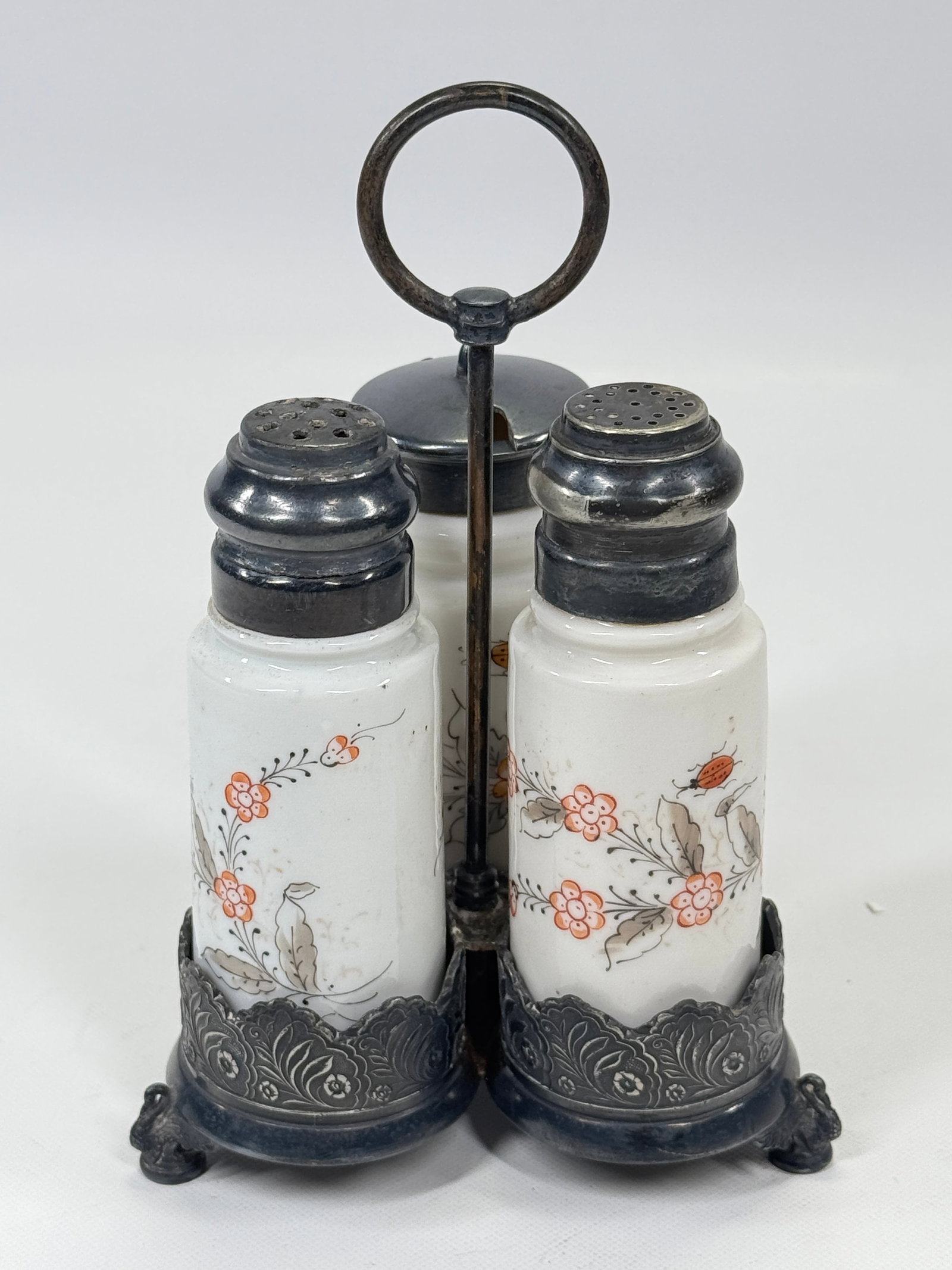 VICTORIAN CERAMIC CONDIMENT SET IN WILCOX HOLDER (1 of 5)