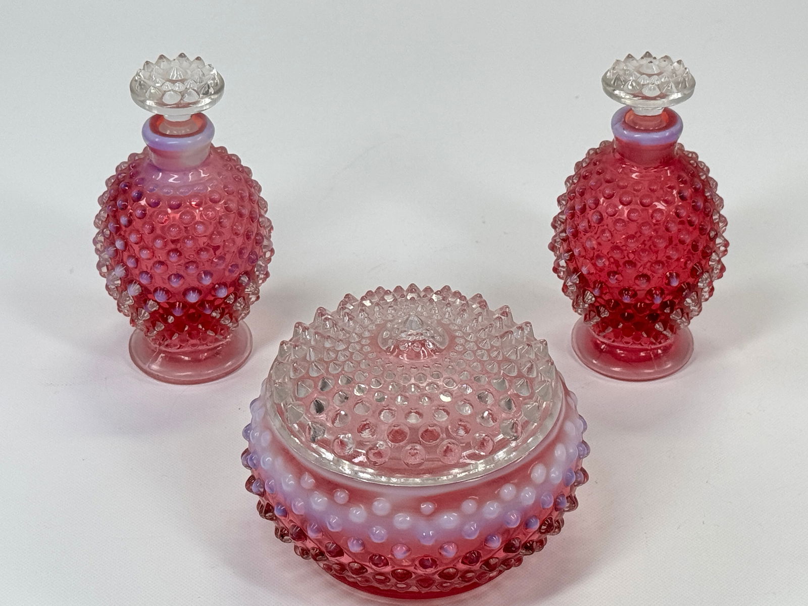 FENTON CRANBERRY HOBNAIL DRESSER VANITY SET (1 of 5)