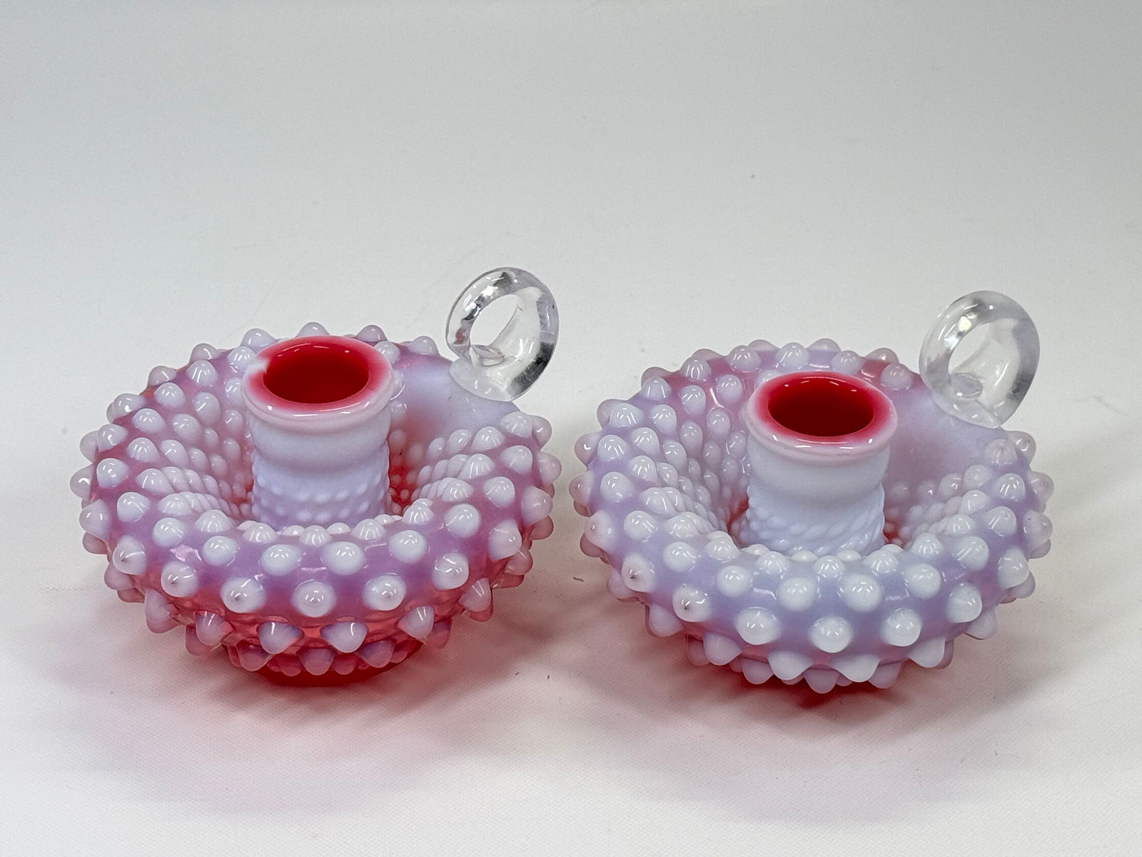 PAIR OF FENTON CRANBERRY HOBNAIL CANDLESTICKS (1 of 4)