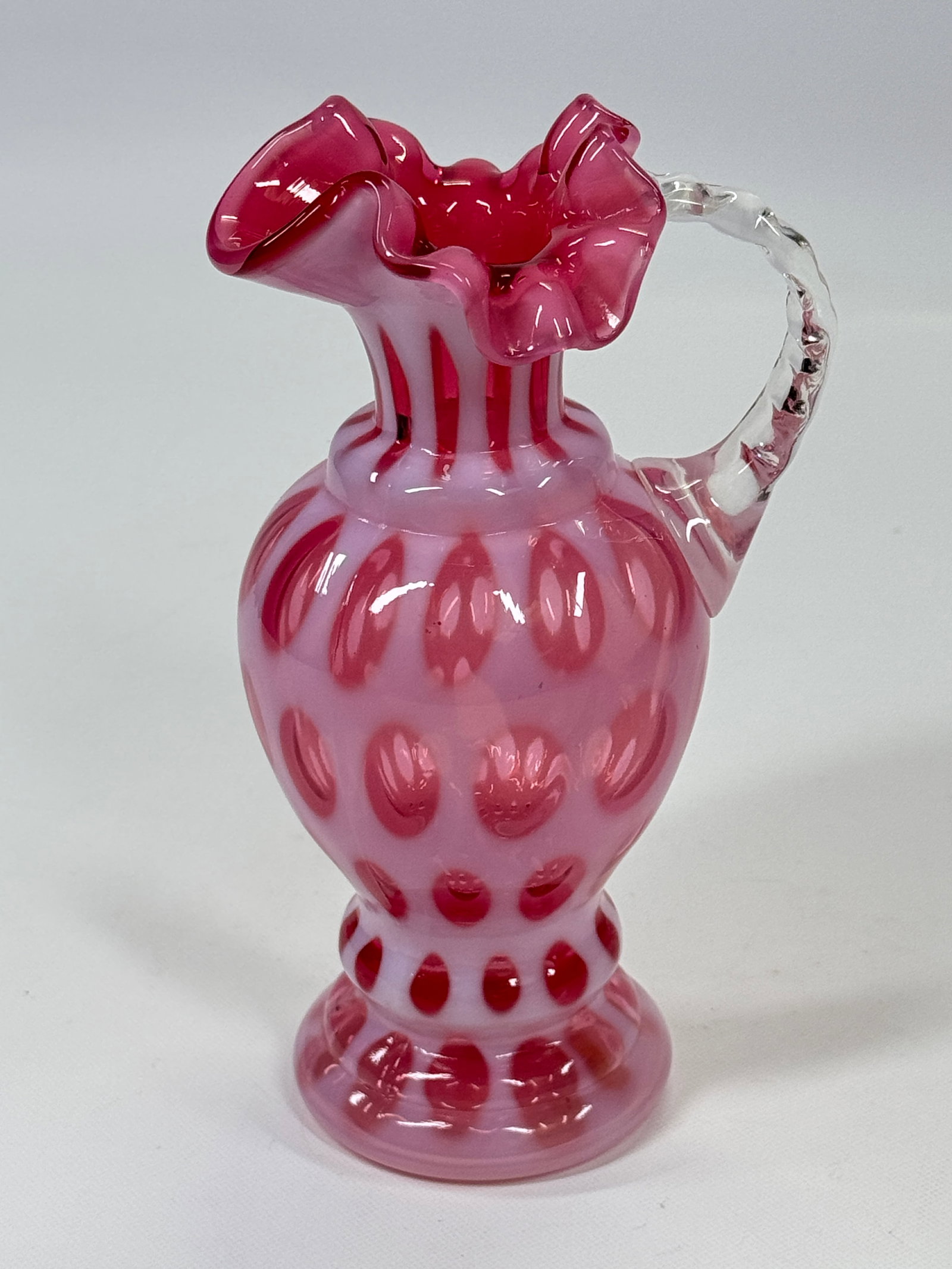 FENTON CRANBERRY OPAL COIN DOT VASE W/ HANDLE (1 of 2)