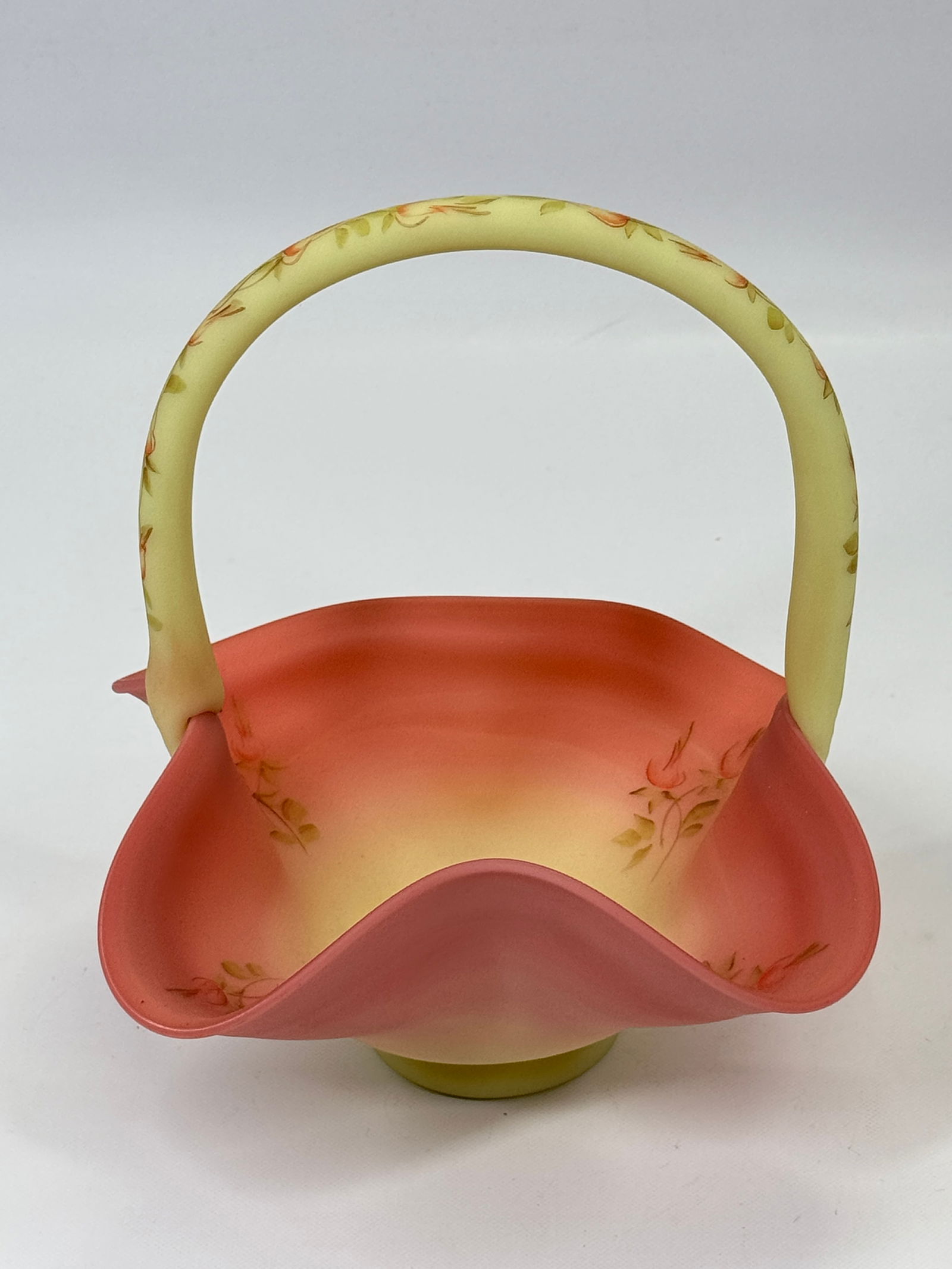 FENTON HAND PAINTED BURMESE GLASS BASKET (1 of 3)