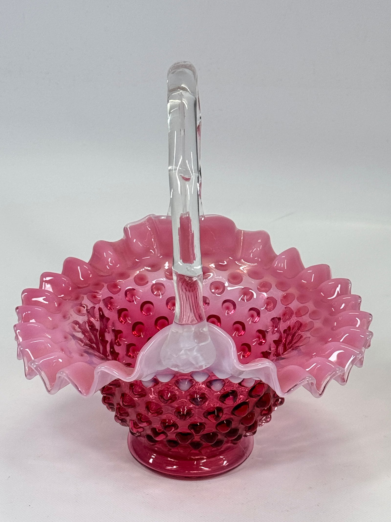 FENTON CRANBERRY HOBNAIL GLASS BASKET (1 of 3)