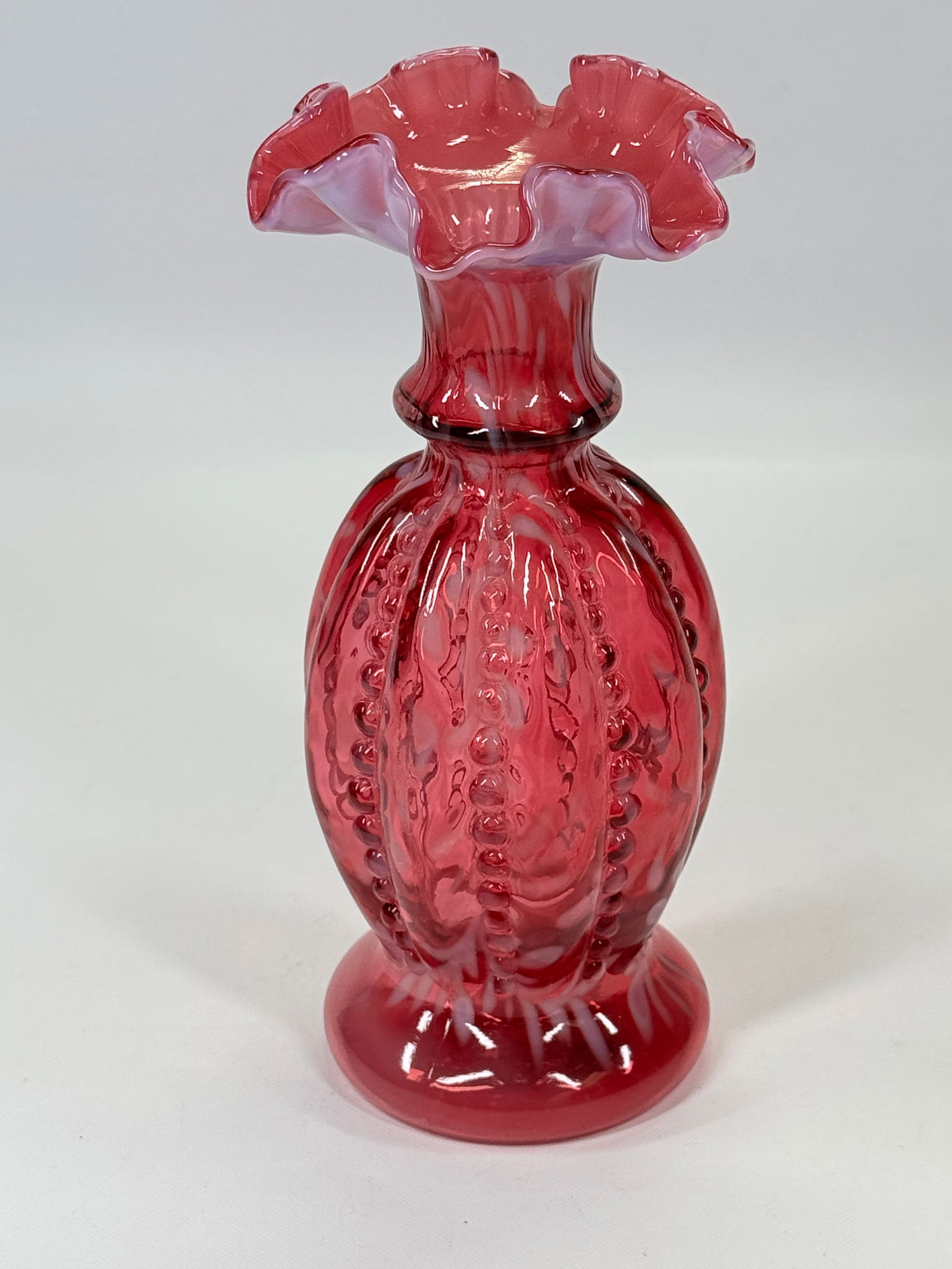 ARTIST SIGNED FENTON CRANBERRY OPAL VASE (1 of 4)