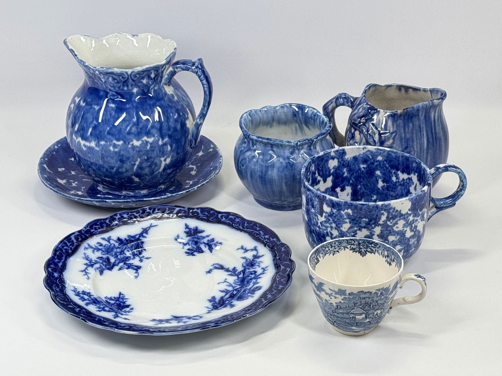 FLO BLUE & SPONGE DECORATED CUP C&S +: ALL ITEMS REMAIN IN GOOD CONDITION, VARYING AGES. NO CHIPS OR CRACKS.