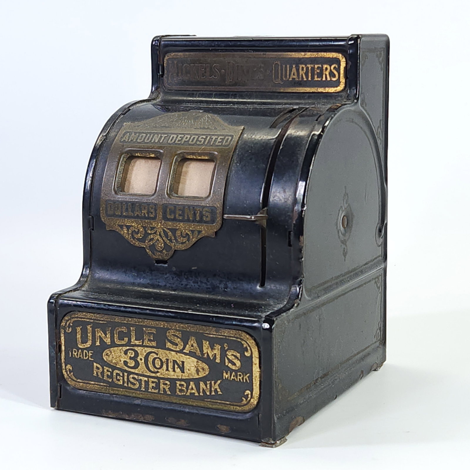 UNCLE SAM'S 3-COIN REGISTER BANK: REMAIN SIN FAIR TO GOOD CONDITION, SHOWING USAGE WEAR.